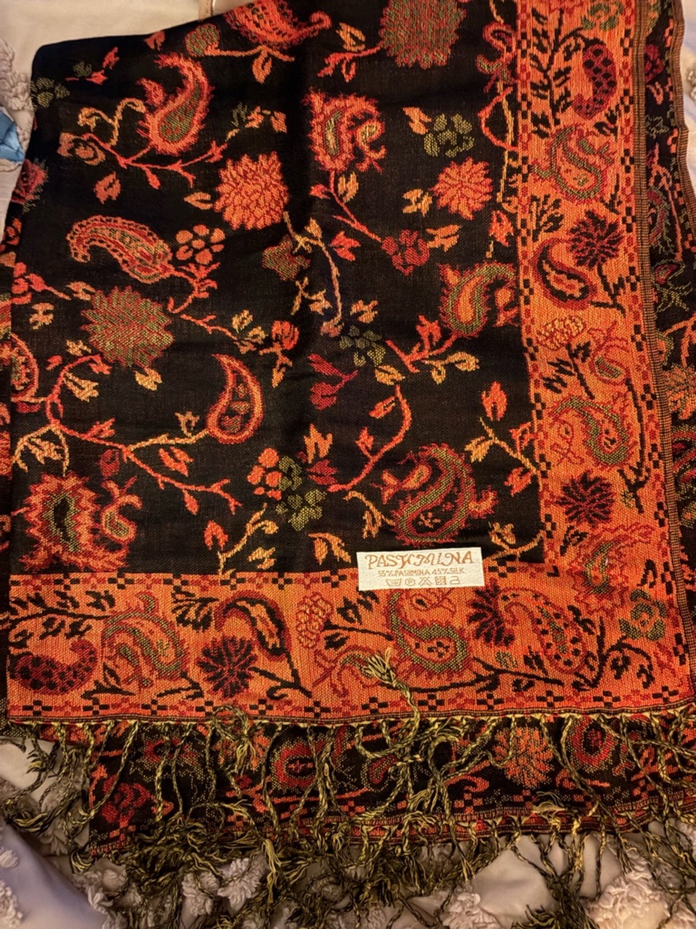 Pashmina-style Woven Paisley Scarf in Black & Orange